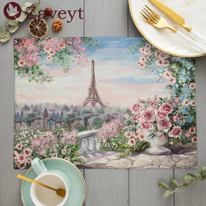 French Street Scene Flower Oil Painting Dining Table Mats - Set of 6