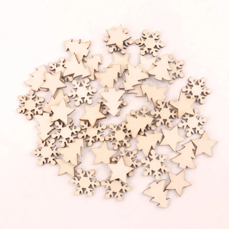 "100pcs Mixed Wooden Christmas Ornaments - Trees, Snowflakes, Stars for DIY Scrapbooking and Home Decor, 16mm"