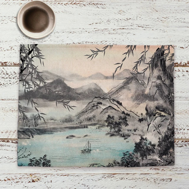 Chinese Landscape Placemat Kitchen Decor Linen Dining Table Mats