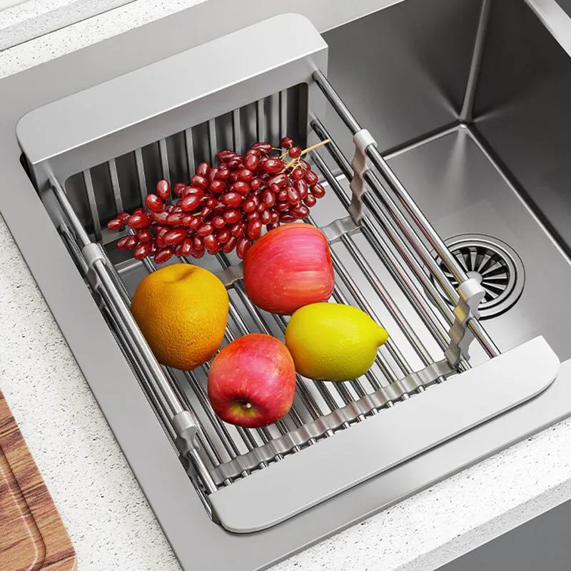 Kitchen Sink Dish Drain Rack Stainless Steel Folding Basket
