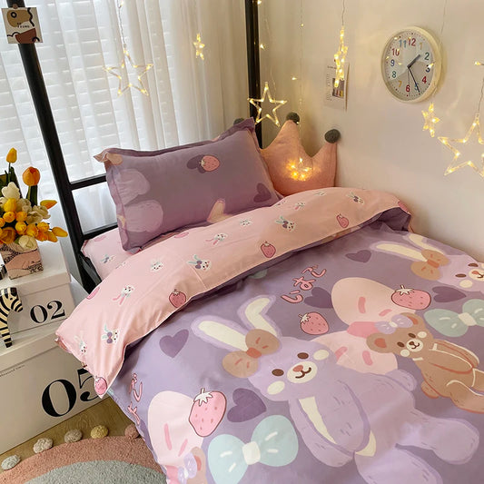 Kawaii Rabbit Printed Bed Set Floral Duvet Cover Pillowcase Bedding Set Bed Sheet Quilt Cover Single Queen King Size