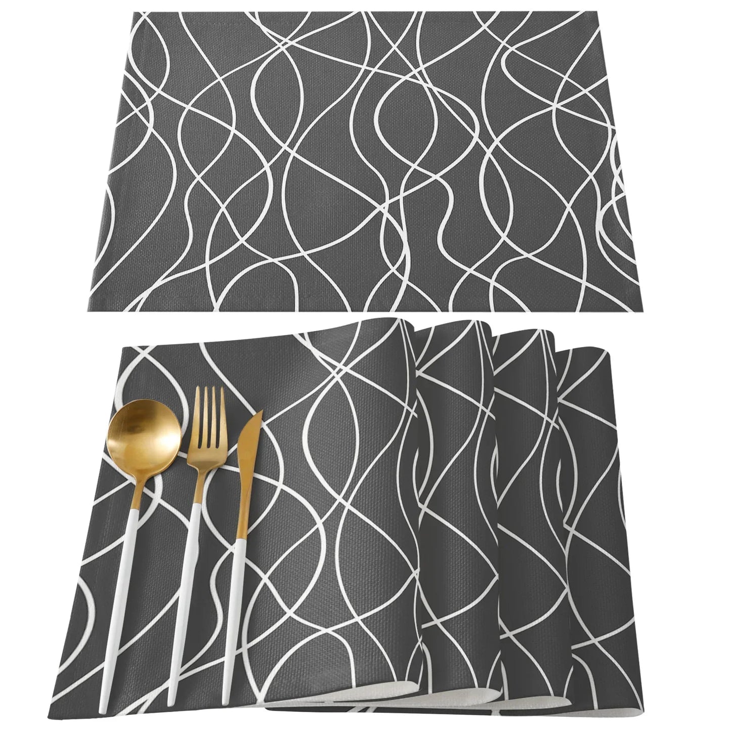 Modern Art Black Placemat Set - Heat Resistant Linen Tableware Pads for Kitchen and Dining Table Décor