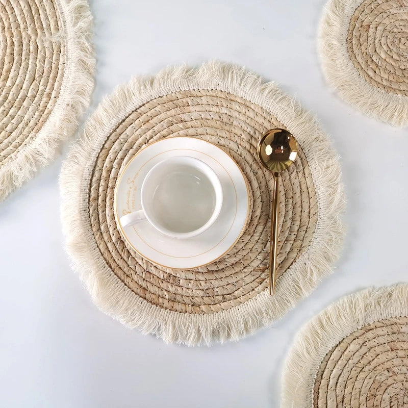 Modern Simple Straw Placemat with Tassel Edge - Insulated Small Tea Cup Cushion