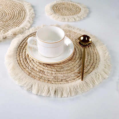 Modern Simple Straw Placemat with Tassel Edge - Insulated Small Tea Cup Cushion