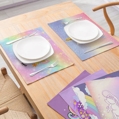 Nordic INS Unicorn Linen Table Mat Set - Non-slip, Heat Resistant Placemats & Drink Coasters