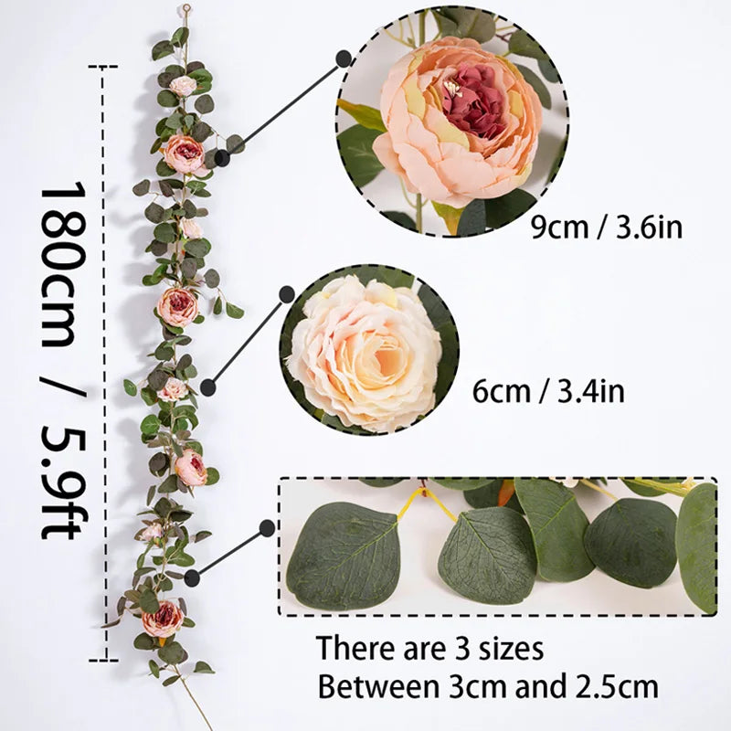 Party Joy Fake Peony Rose Vines Artificial Flowers Garland Vintage Eucalyptus for Wedding Arch Door Party Decor
