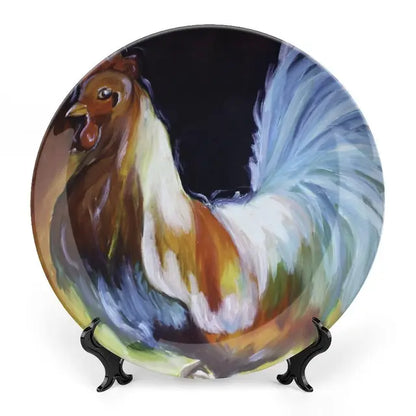 Painted Chicken Illustration Dish with Stand Ceramic Decor