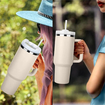 40 oz Tumbler with Handle, Lid, Straw - Stainless Steel Water Bottle - Vacuum Thermos Cup - Travel Car Coffee Mug