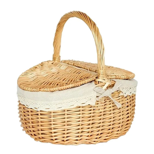 Handmade Woven Storage Bag with Handle Lids - Portable Basket for Picnic BBQ Photography Props