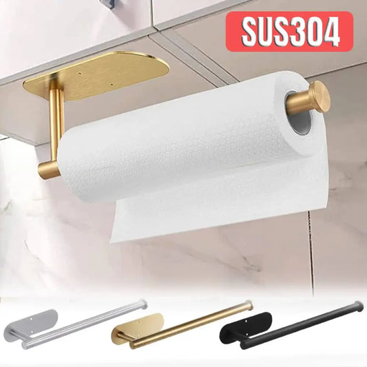 Under Cabinet Stainless Steel Paper Towel Holder - Gold/Black Wall-Mounted Tissue Hanger for Kitchen and Bathroom