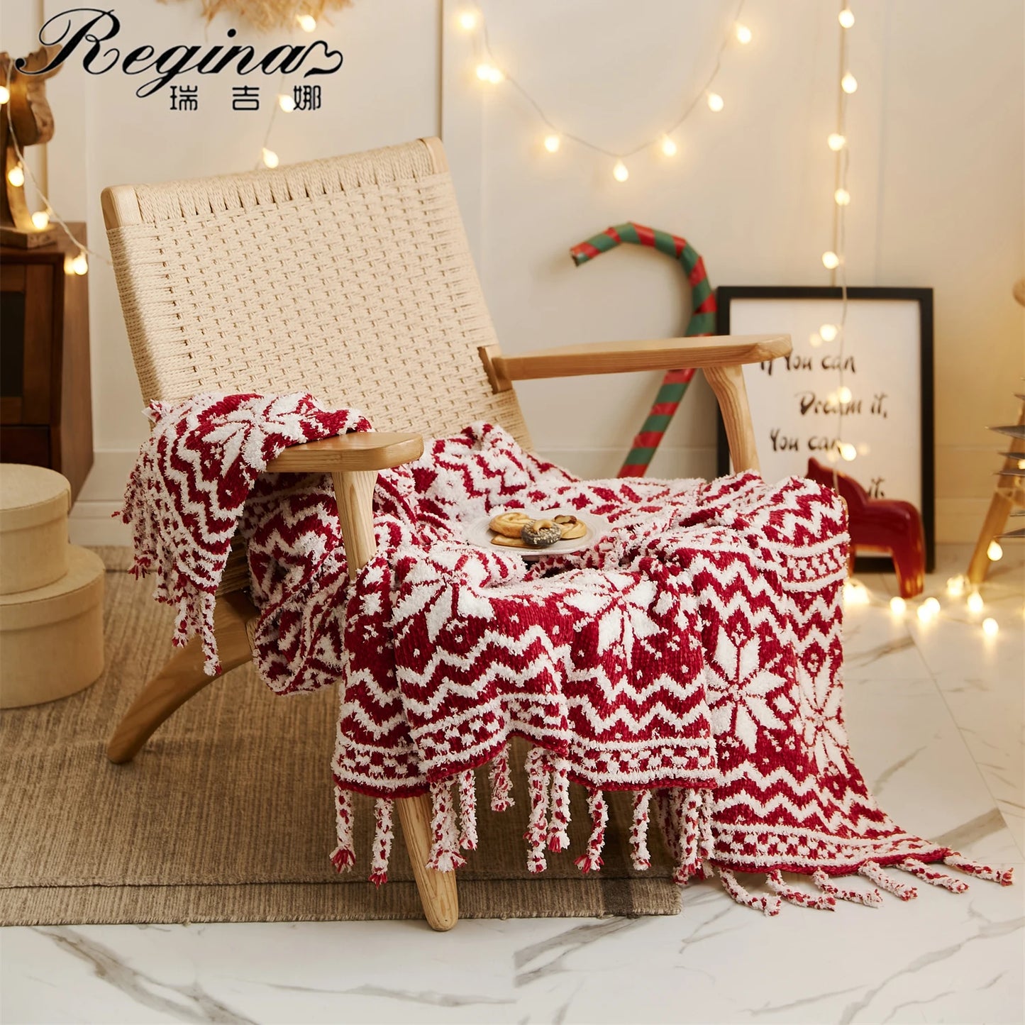 REGINA Brand Chunky Knit Cozy Microfiber Tufted Wine Beige Fringed Christmas Blanket - Home Decor Gift