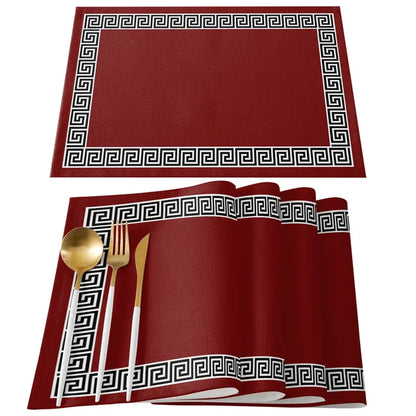 Red Chinese Pattern Kitchen Dining Table Placemat Set - Heat Resistant Linen Tableware Mats (4/6pcs)