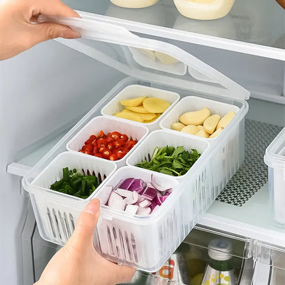Refrigerator Storage Box 4/6 Grid Fridge Organizer with Drain Basket - Clear Crisper