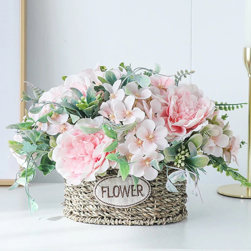 Pink Peony and Hydrangea Silk Flower Bouquet for Home and Wedding Decor