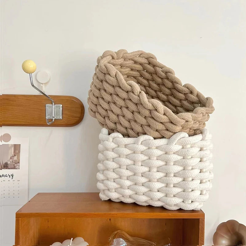 Thick Cotton Rope Woven Storage Basket for Desktop, Books, Snacks, Sundry, and Cosmetics