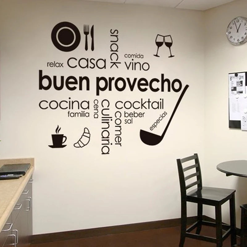"Spanish Buen provecho Kitchen Wall Sticker - Enjoy Your Meal, Coffee, and Family"