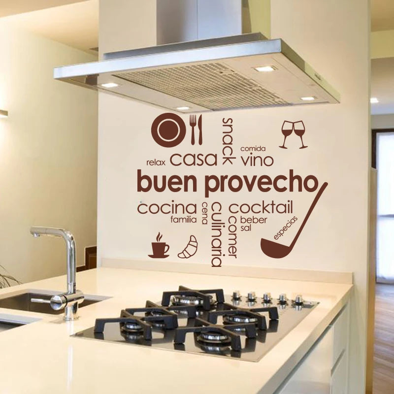 "Spanish Buen provecho Kitchen Wall Sticker - Enjoy Your Meal, Coffee, and Family"