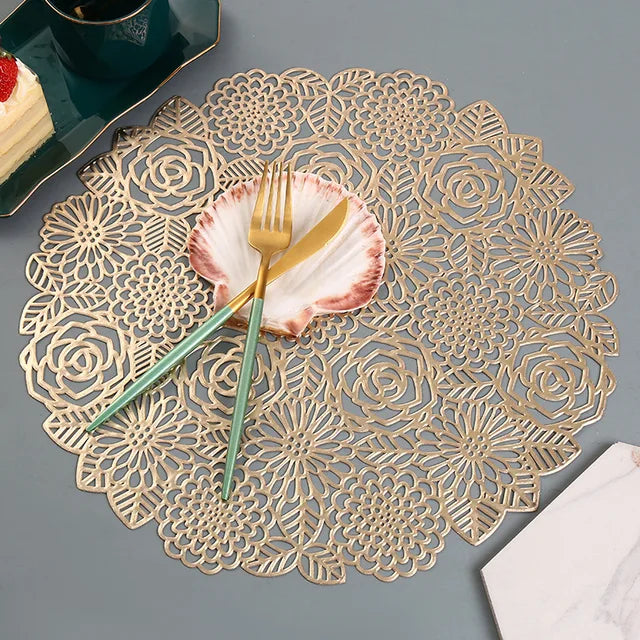 Hibiscus Flower Bronzing PVC Table Mat Placemat Set - Heat Resistant & Insulation Coaster Pads for Home Christmas Decor