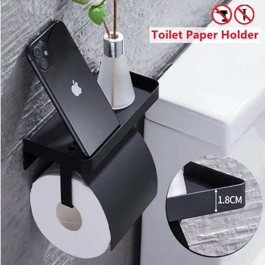 Wall-mounted Toilet Paper Holder with Phone Holder and Towel Rack Shelf for Bathroom