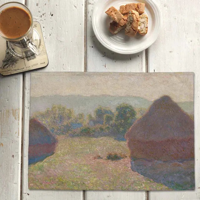 Cotton linen placemat set featuring famous oil paintings by Van Gogh and Monet for kitchen decor and dining table protection.