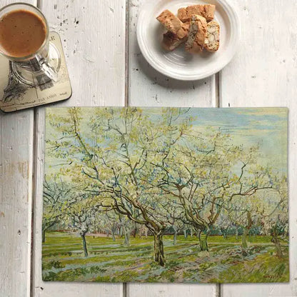 Cotton linen placemat set featuring famous oil paintings by Van Gogh and Monet for kitchen decor and dining table protection.