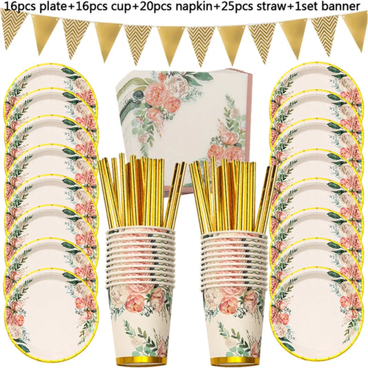 Vintage Floral Golden Disposable Tableware Set for Adult Parties, Weddings, and Tea Parties